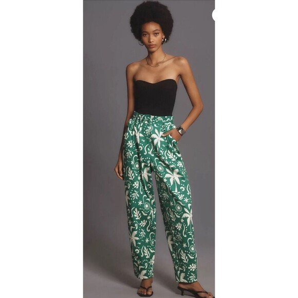 Anthropologie Corey Lynn Calter Pants Paperbag Barrel Green Floral Boho Sz L NWT